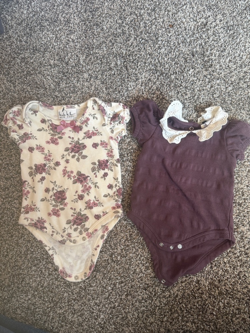 Nicole Miller Cream Floral Bodysuit & Plum  Peter Pan Collar Onesie Bundle of 2